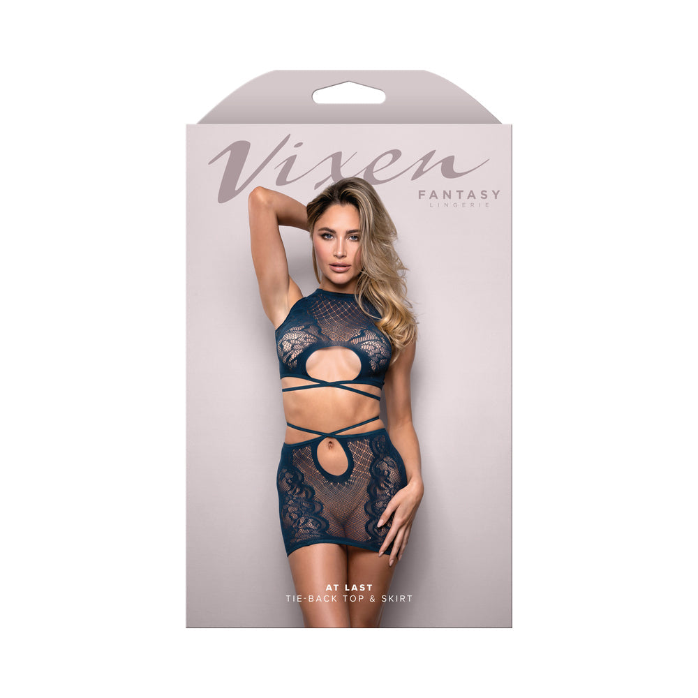 Vixen At Last Floral Lace Knit Tie Back Top w/Skirt 2 pc Set - Navy O/S