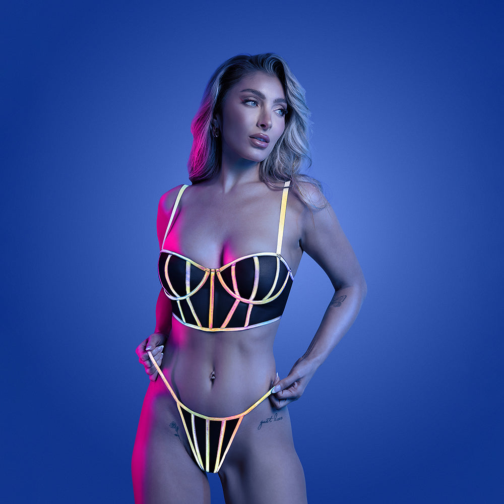 Solar Flare Flash Reflective Binding Underwire Bra & Thong - Black L/XL