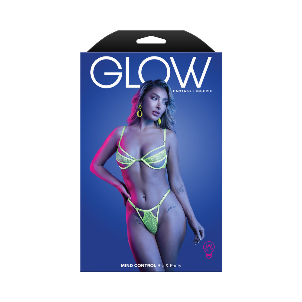 Mind Control UV Reactive Lace and Mesh Underwire Bra & Thong - Neon Green M/L