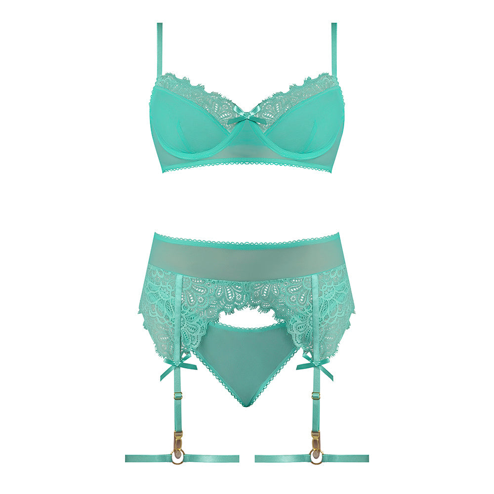 Caribbean Crush Demi Bra w/Thong & Garters 3 pc Set - Aqua L/XL