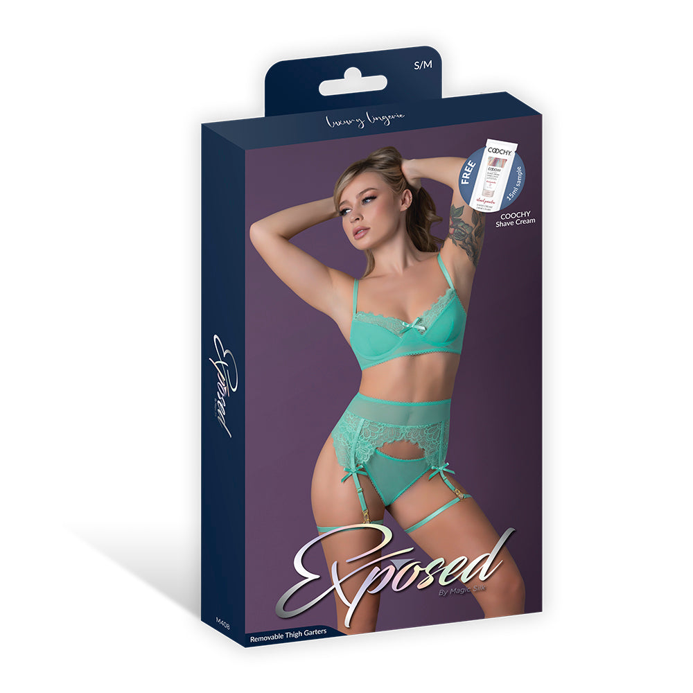Caribbean Crush Demi Bra w/Thong & Garters 3 pc Set - Aqua L/XL