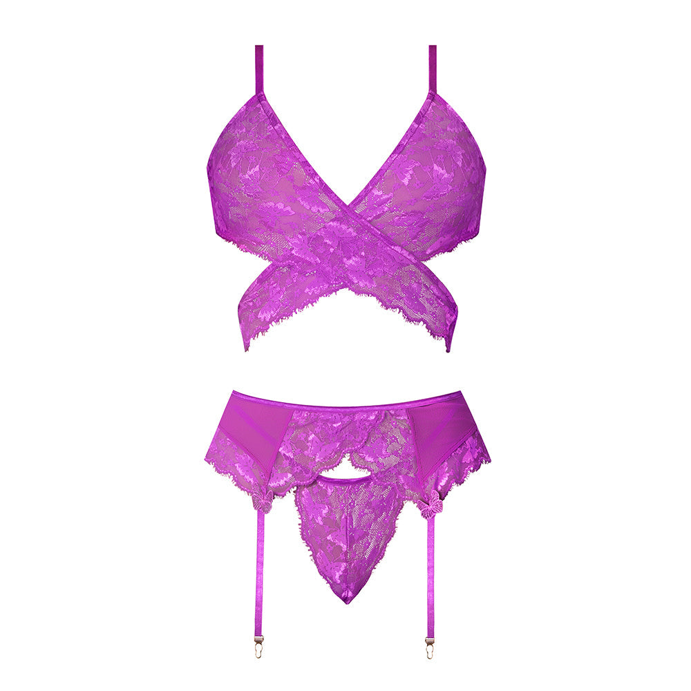 Butterfly Fantasies Cross Over Bralette w/Thong and Garter 3 pc Set - Neon Purple L/XL
