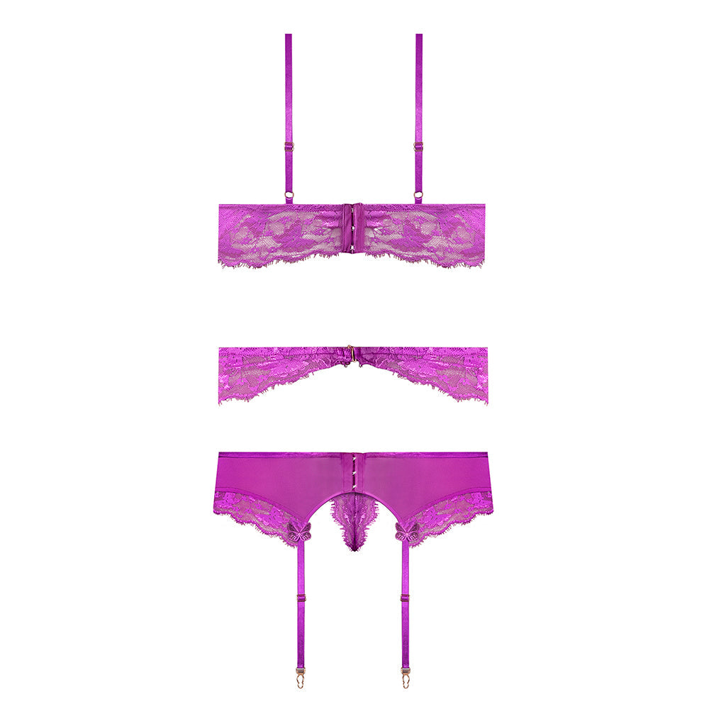 Butterfly Fantasies Cross Over Bralette w/Thong and Garter 3 pc Set - Neon Purple L/XL