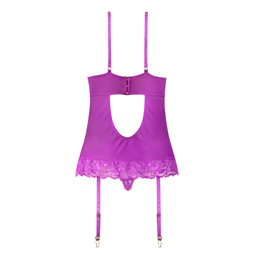 Butterfly Fantasies Gathered Corset w/Cheeky Panty & Attached Garters 2 pc Set - Neon Purple S/M