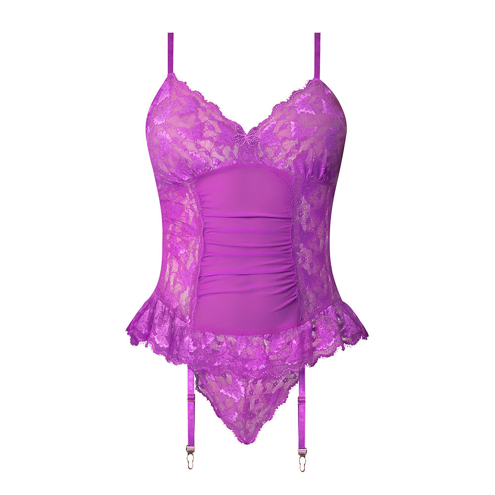 Butterfly Fantasies Gathered Corset w/Cheeky Panty & Attached Garters 2 pc Set - Neon Purple L/XL