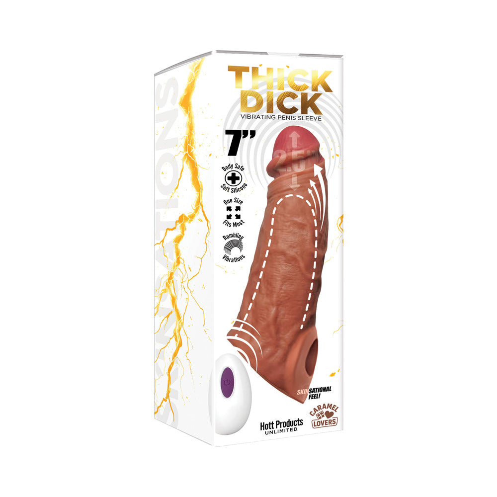 Skinsations Thick Dick Vibrating Sleeve with Remote-Caramel