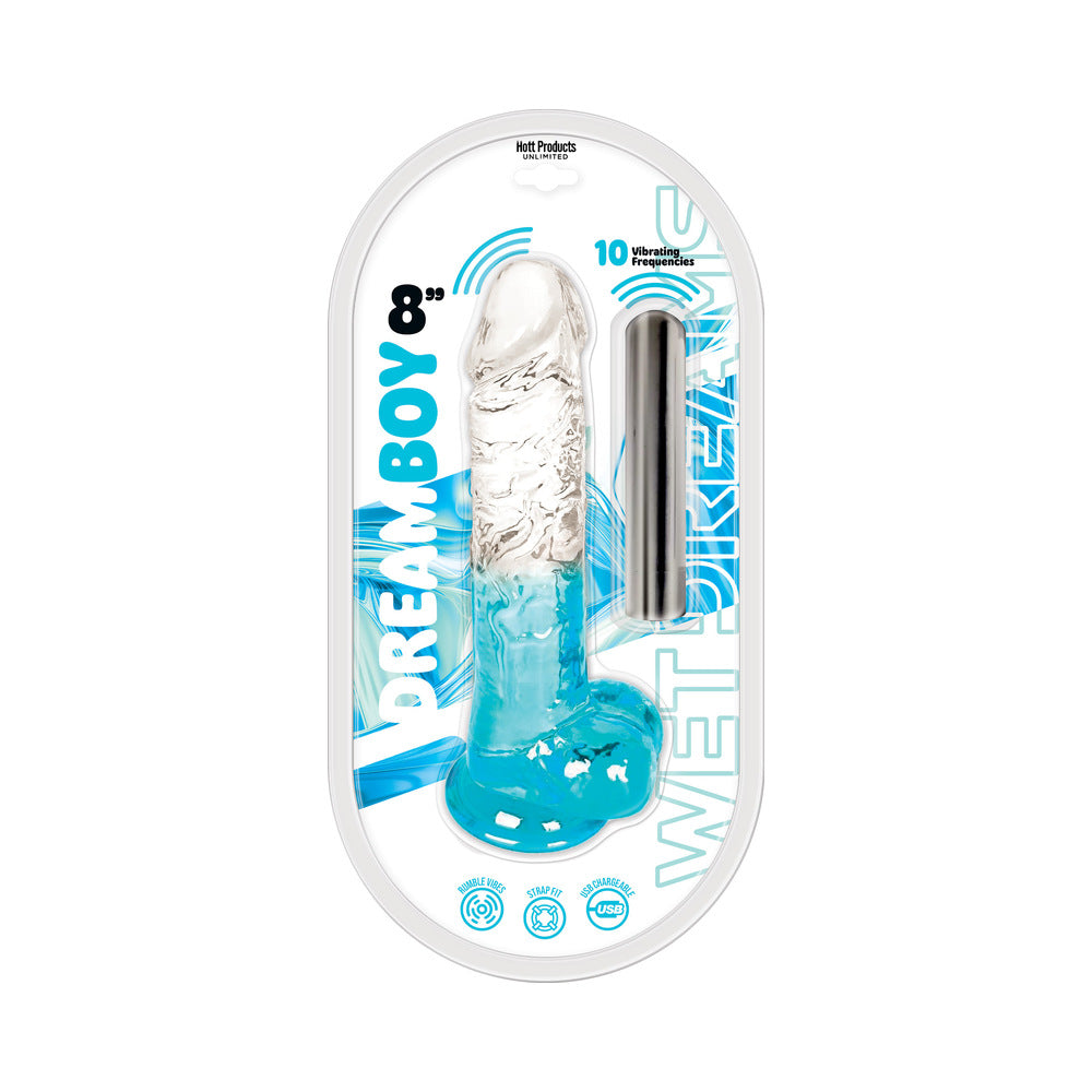Wet Dreams Dream Boy Vibrating Jelly Dildo-Clear Aqua 8"