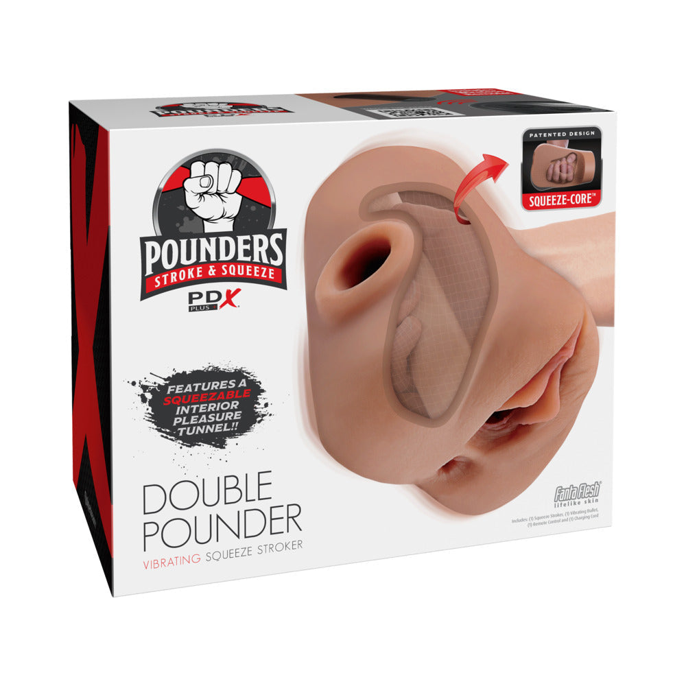 PDX Plus Double Pounder Vibrating Squeeze Stroker-Brown