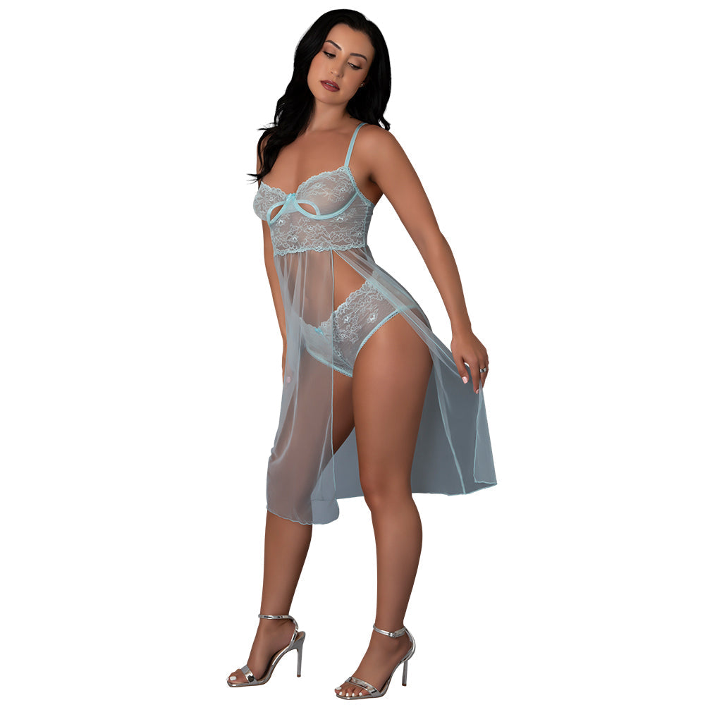 Blue Sky Long Chemise & Boy Short Panty - Light Blue S/M