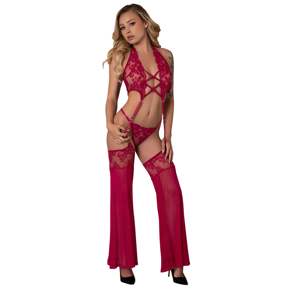 Black Cherry Plunge Top w/Removable Chaps & Cheeky Panty Set - Red L/XL
