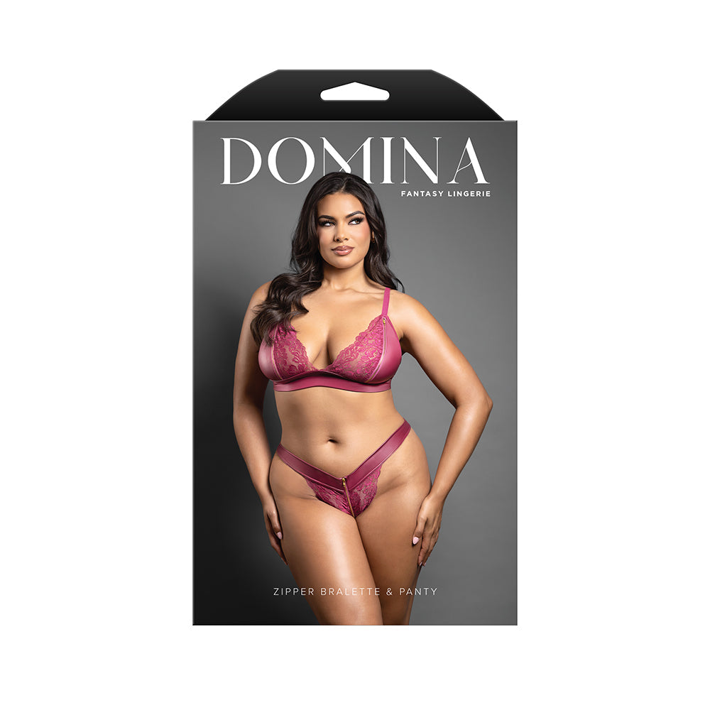 Domina Lace Bralette & Panty in Leatherette w/Zipper Detail - Berry QN