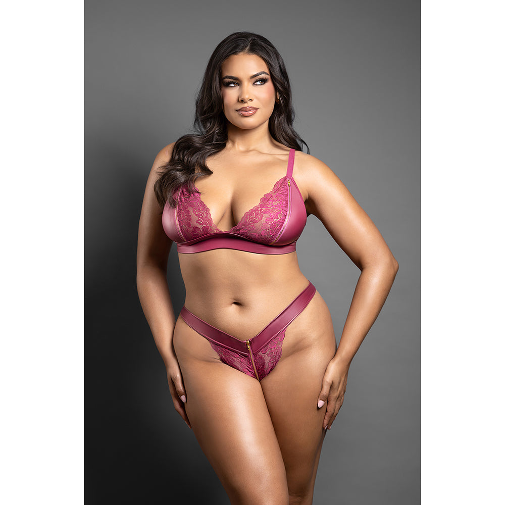 Domina Lace Bralette & Panty in Leatherette w/Zipper Detail - Berry QN