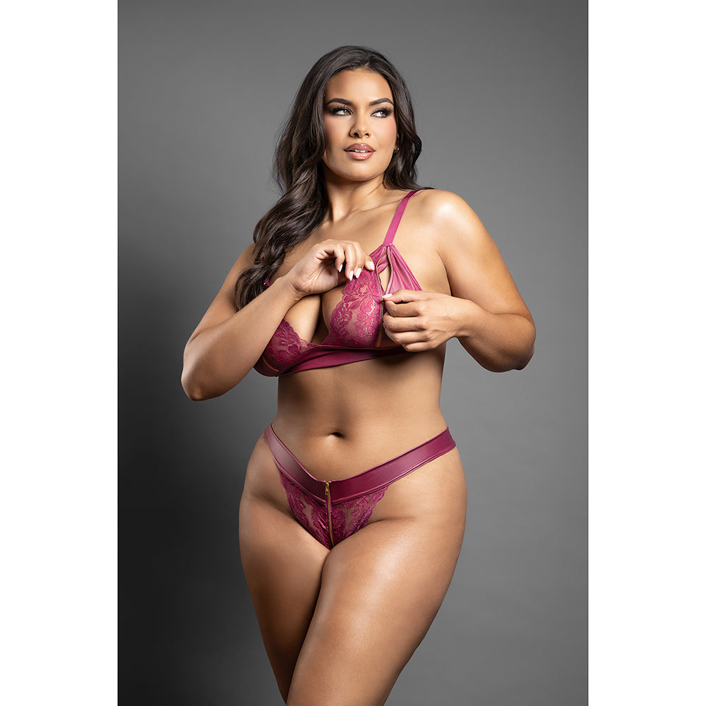 Domina Lace Bralette & Panty in Leatherette w/Zipper Detail - Berry QN