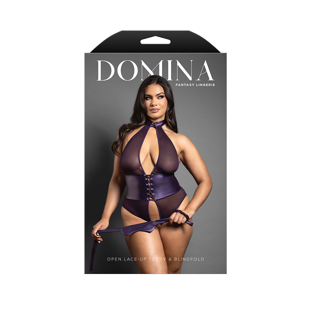 Domina Open Halter Teddy in Mesh & Leatherette w/Matching Blindfold - Purple QN