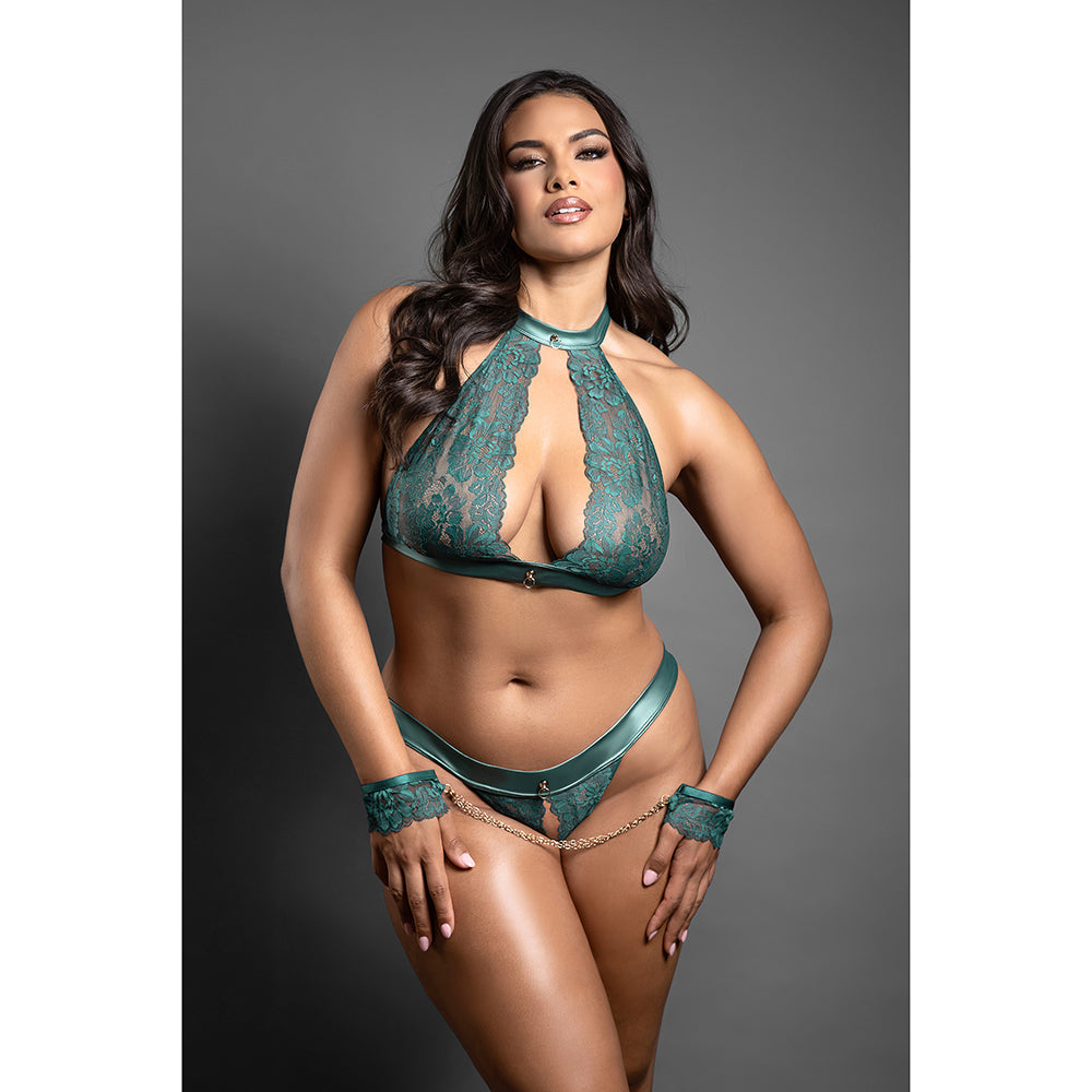 Domina Lace Bralette & Open Panty w/Detachable Chain-Link Handcuffs - Green QN