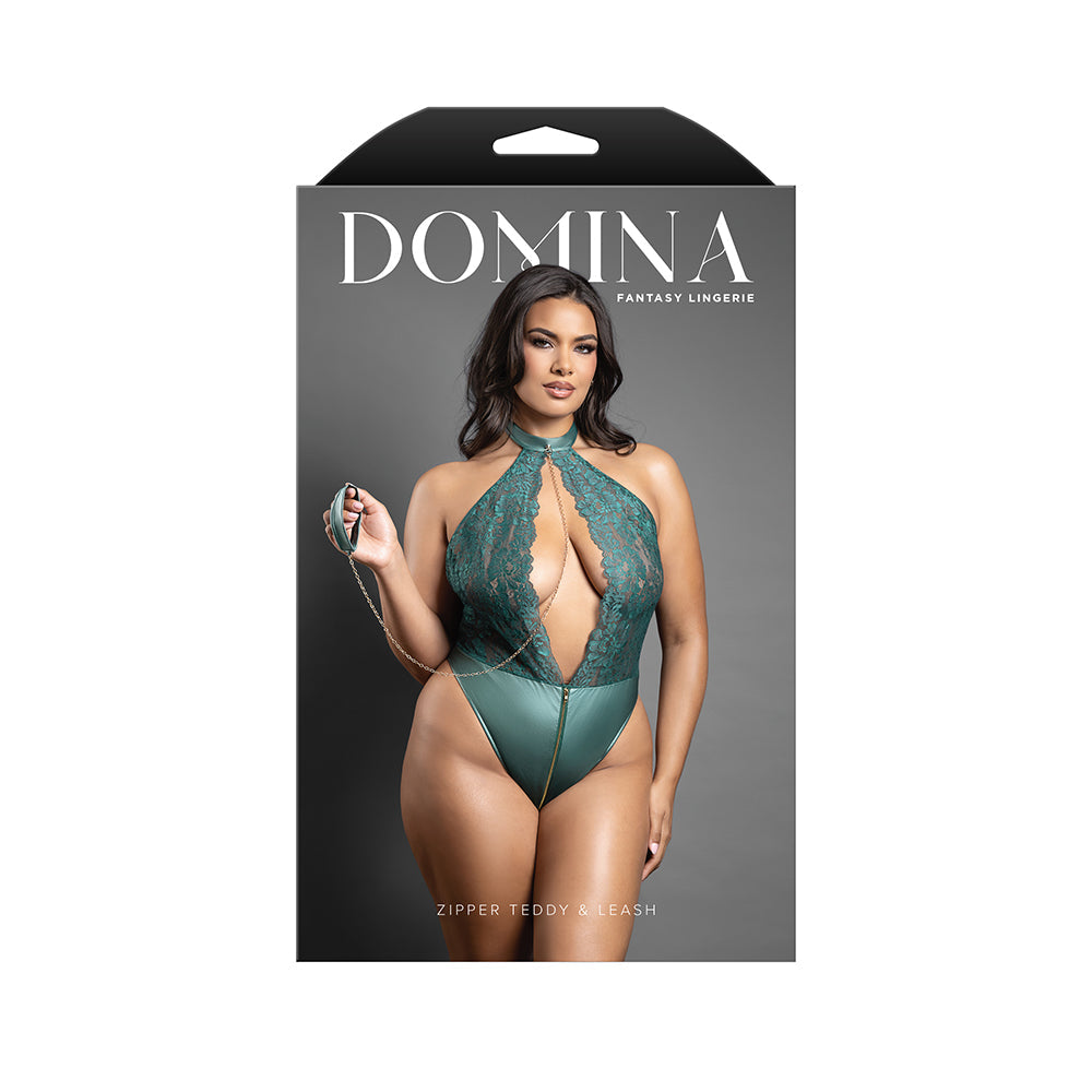 Domina Lace Halter Teddy w/Zipper Detail & Detachable Chain-Link Leash - Green QN