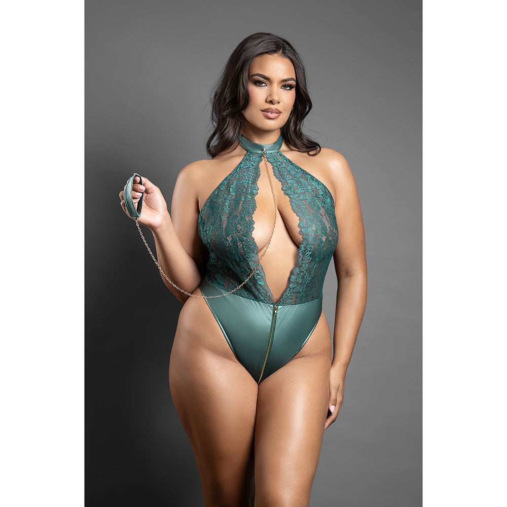 Domina Lace Halter Teddy w/Zipper Detail & Detachable Chain-Link Leash - Green QN