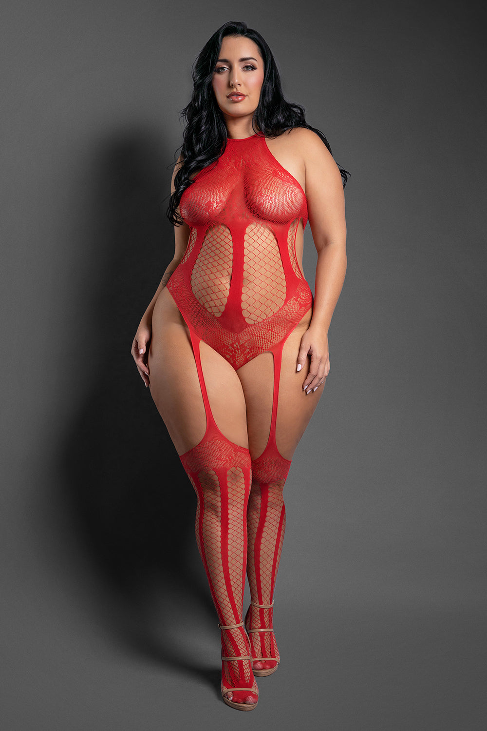 Sheer Stripped Down Mesh Body Stocking - Red QN