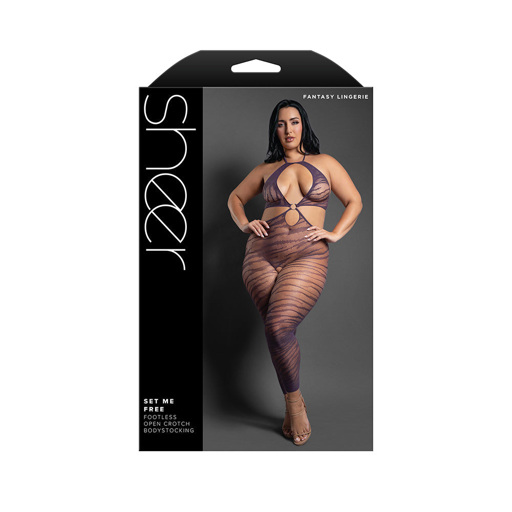 Sheer Set Me Free Mesh Body Stocking w/Zebra Pattern & Open Crotch - Purple QN
