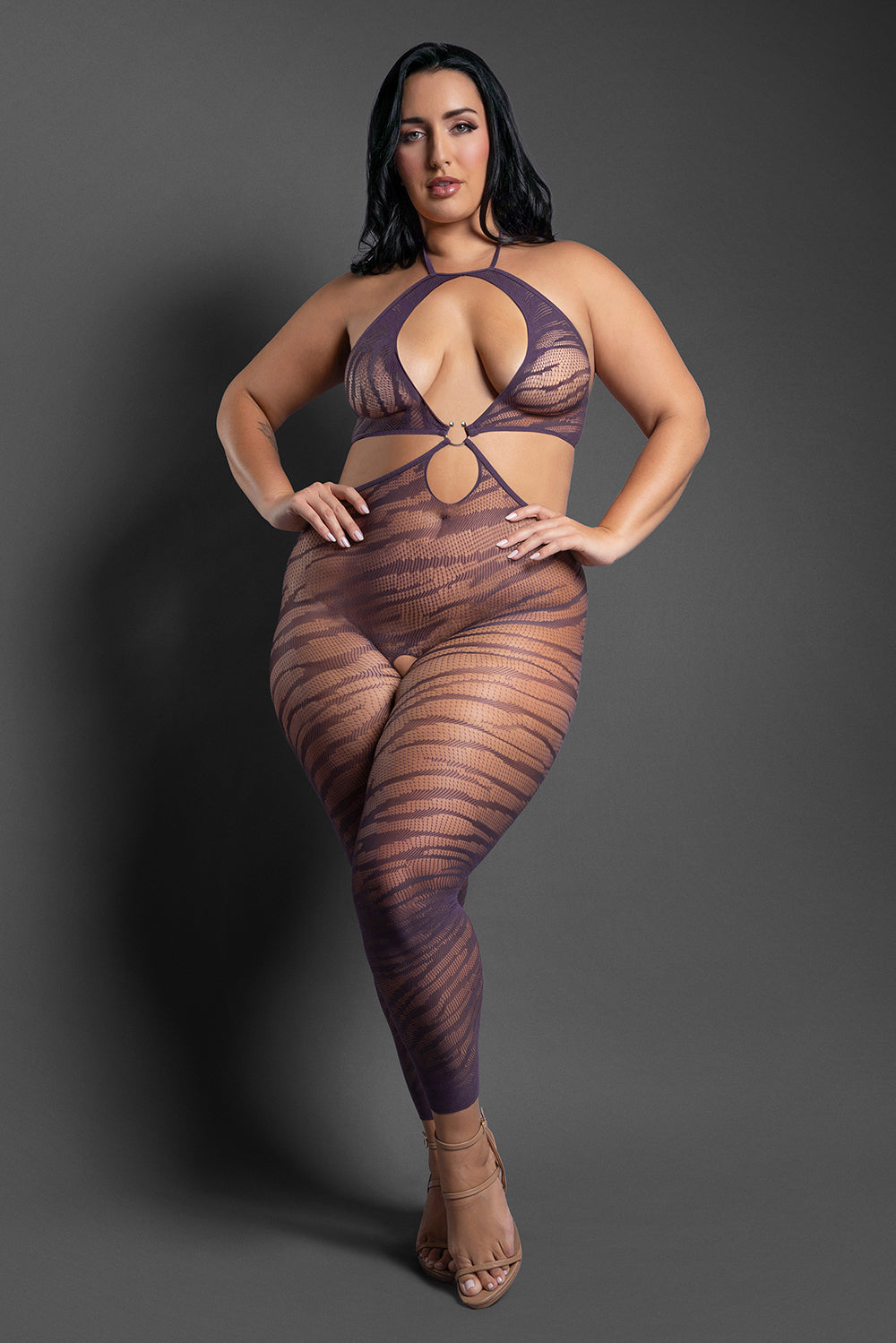 Sheer Set Me Free Mesh Body Stocking w/Zebra Pattern & Open Crotch - Purple QN