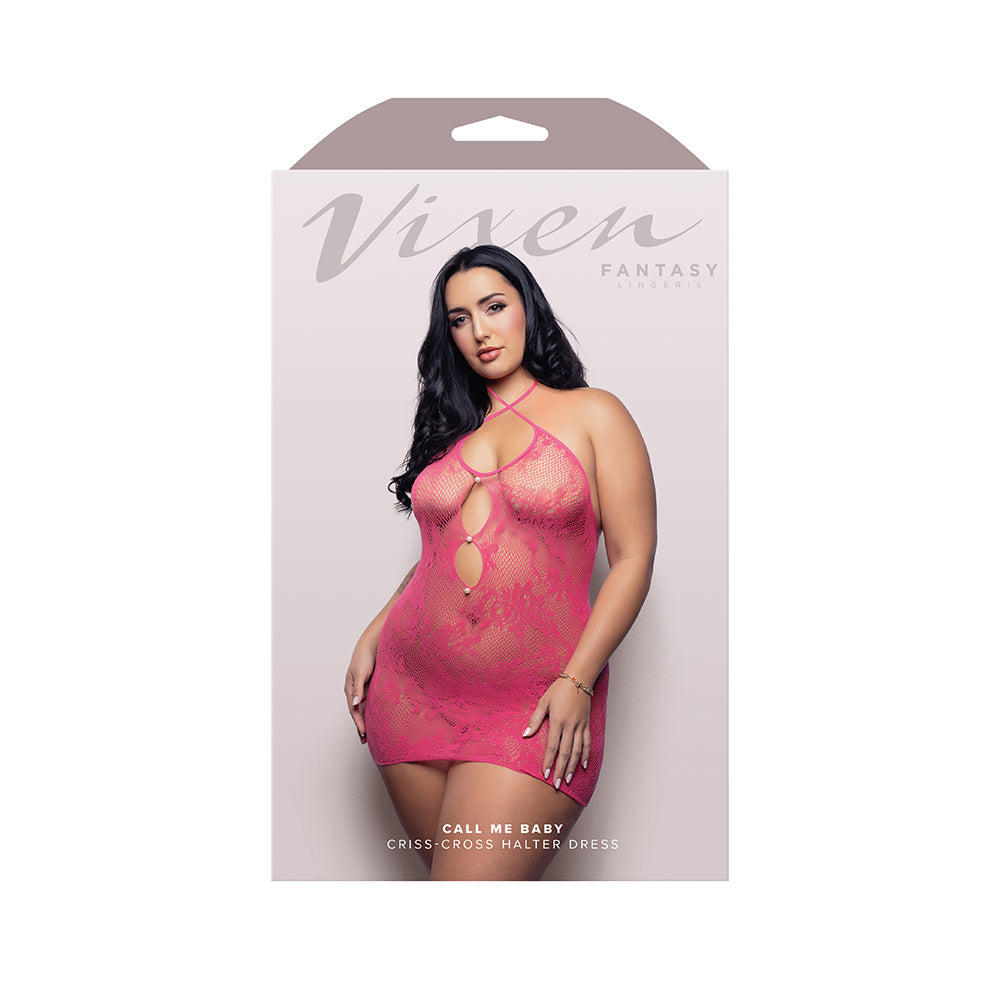 Vixen Call Me Baby Halter Dress w/Pearl Details - Hot Pink QN