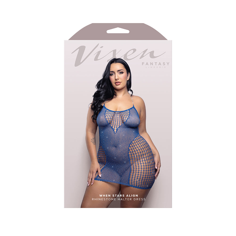 Vixen When Stars Align Rhinestone Net Halter Dress - Blue QN