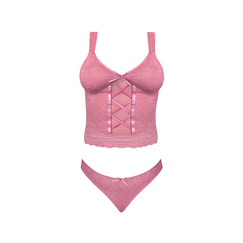 Wisteria Mist Lace Bustier Cami & Thong 2 pc Set - Pink S/M
