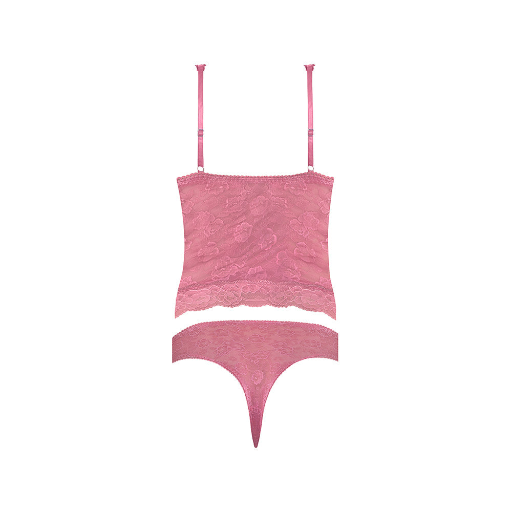 Wisteria Mist Lace Bustier Cami & Thong 2 pc Set - Pink L/XL