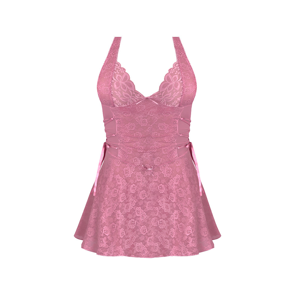 Wisteria Mist Mesh Halter Teddy w/Lace Up Details - Pink L/XL