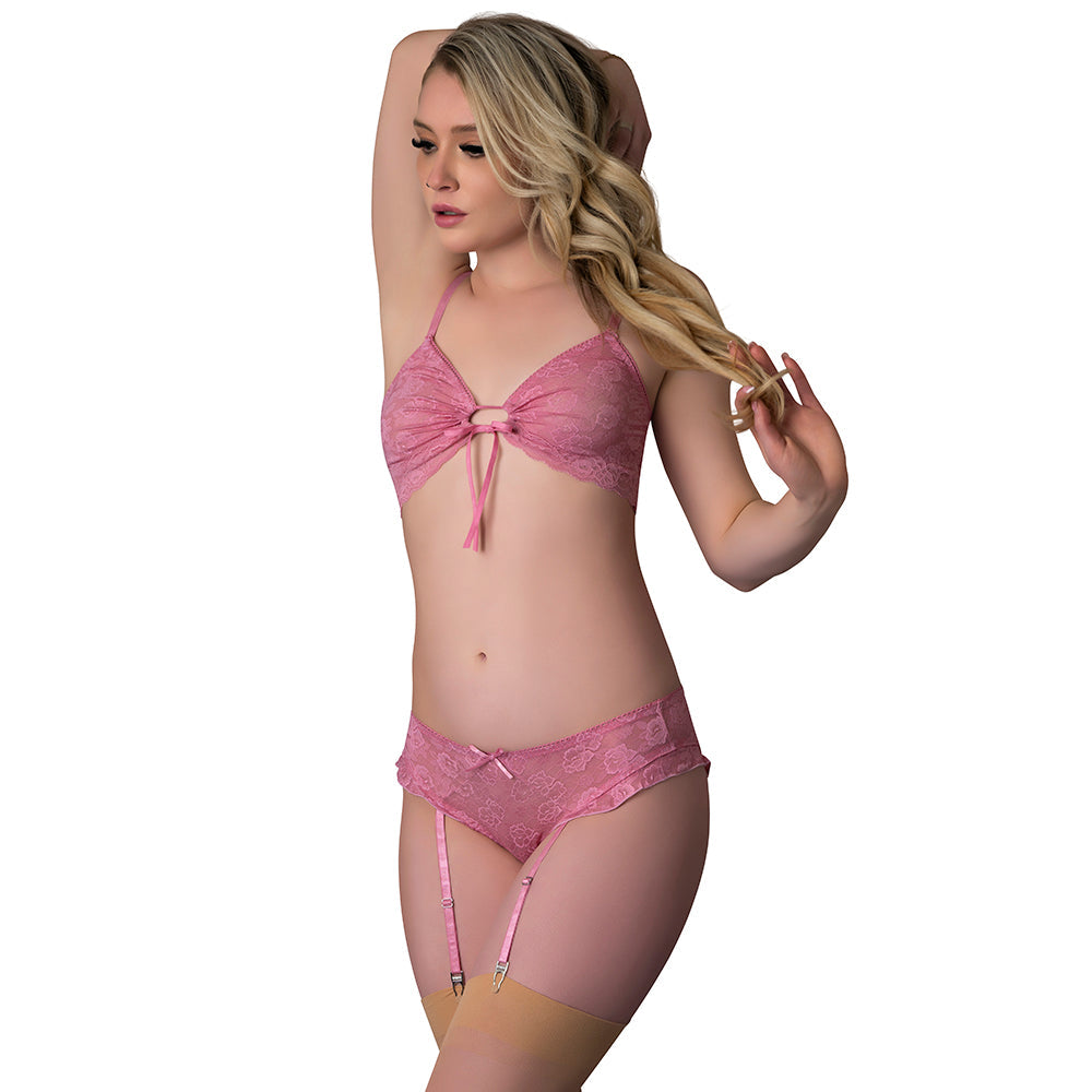 Wisteria Mist Bralette & Panty w/Removable Garters - Pink S/M