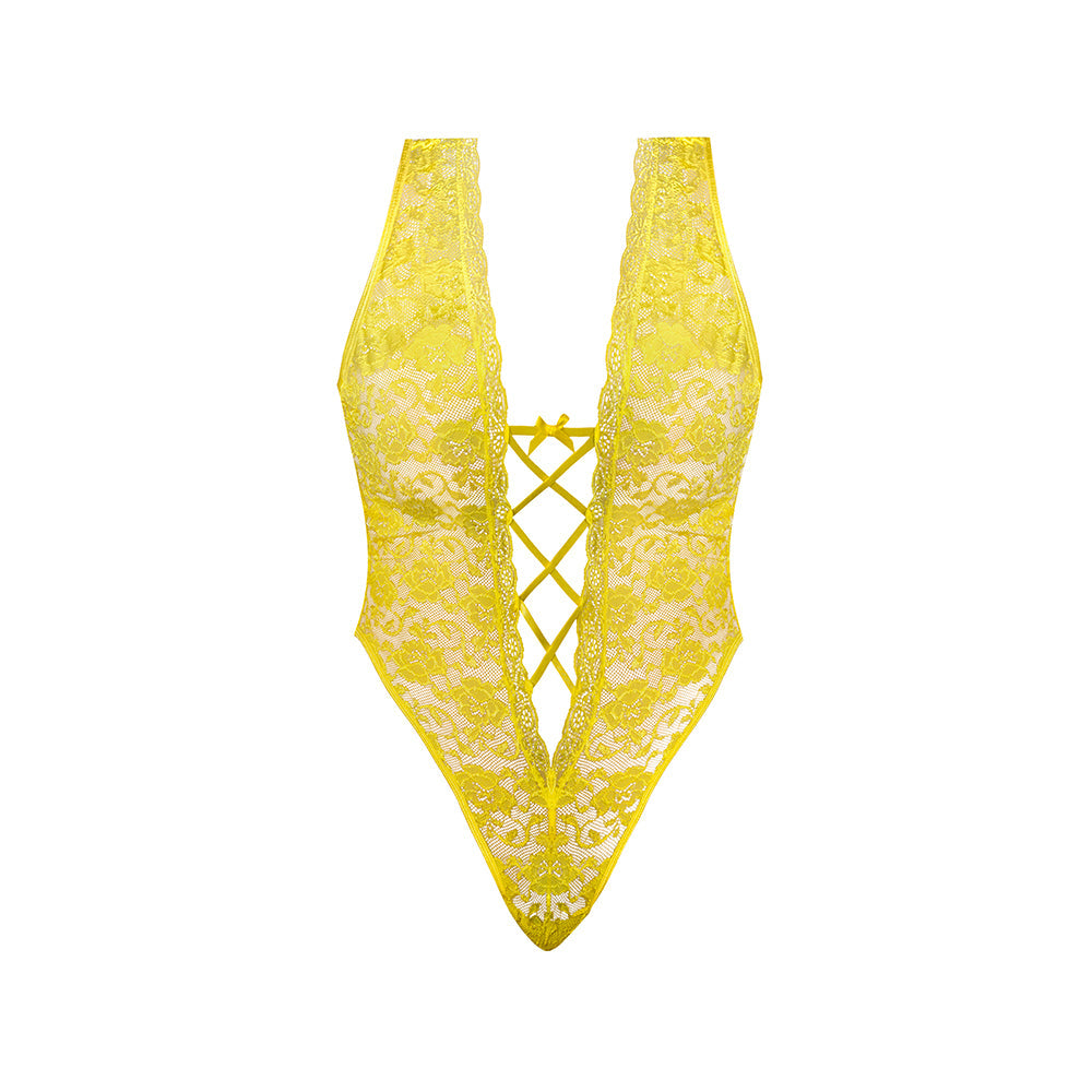 Daffodil Dreams Lace & Mesh Teddy w/Snap Crotch - Yellow L/XL