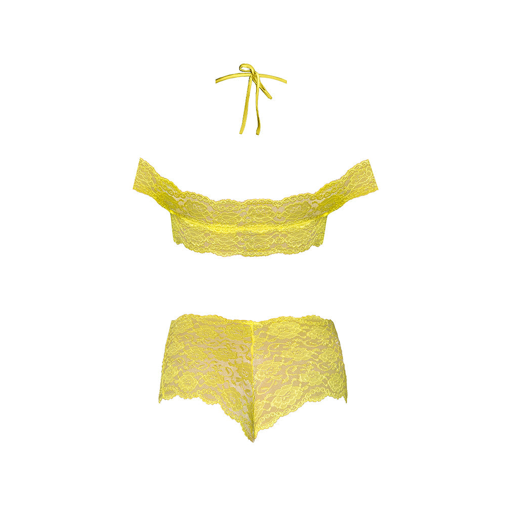 Daffodil Dreams Lace Halter Bralette w/Bardot Sleeves & Boy Short - Yellow S/M