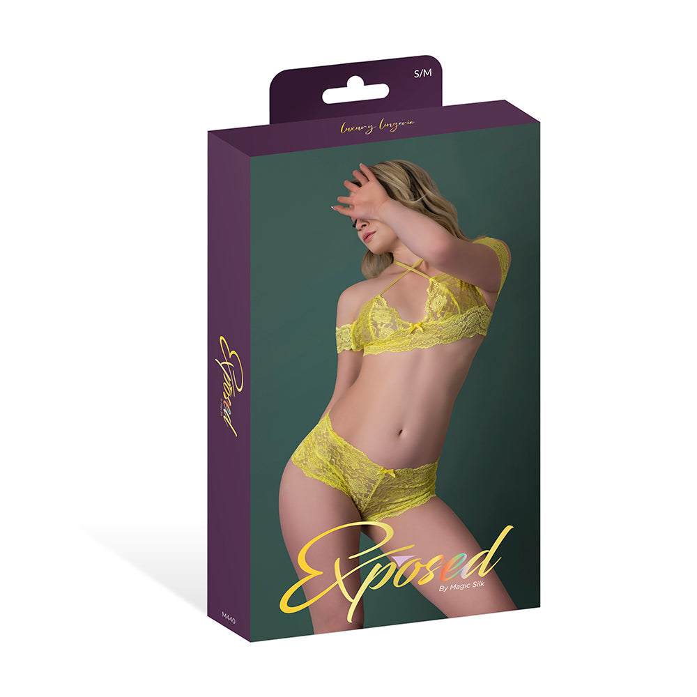 Daffodil Dreams Lace Halter Bralette w/Bardot Sleeves & Boy Short - Yellow L/XL