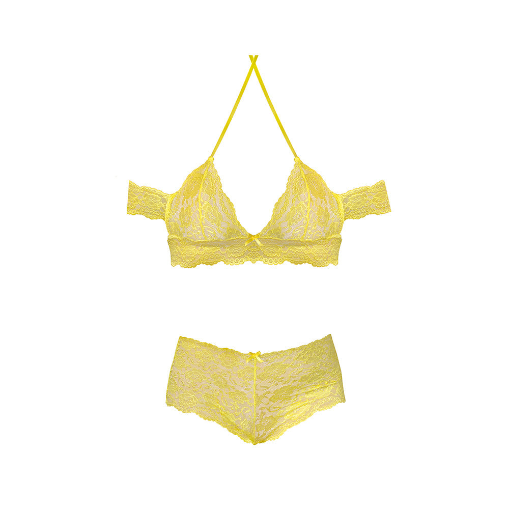 Daffodil Dreams Lace Halter Bralette w/Bardot Sleeves & Boy Short - Yellow L/XL
