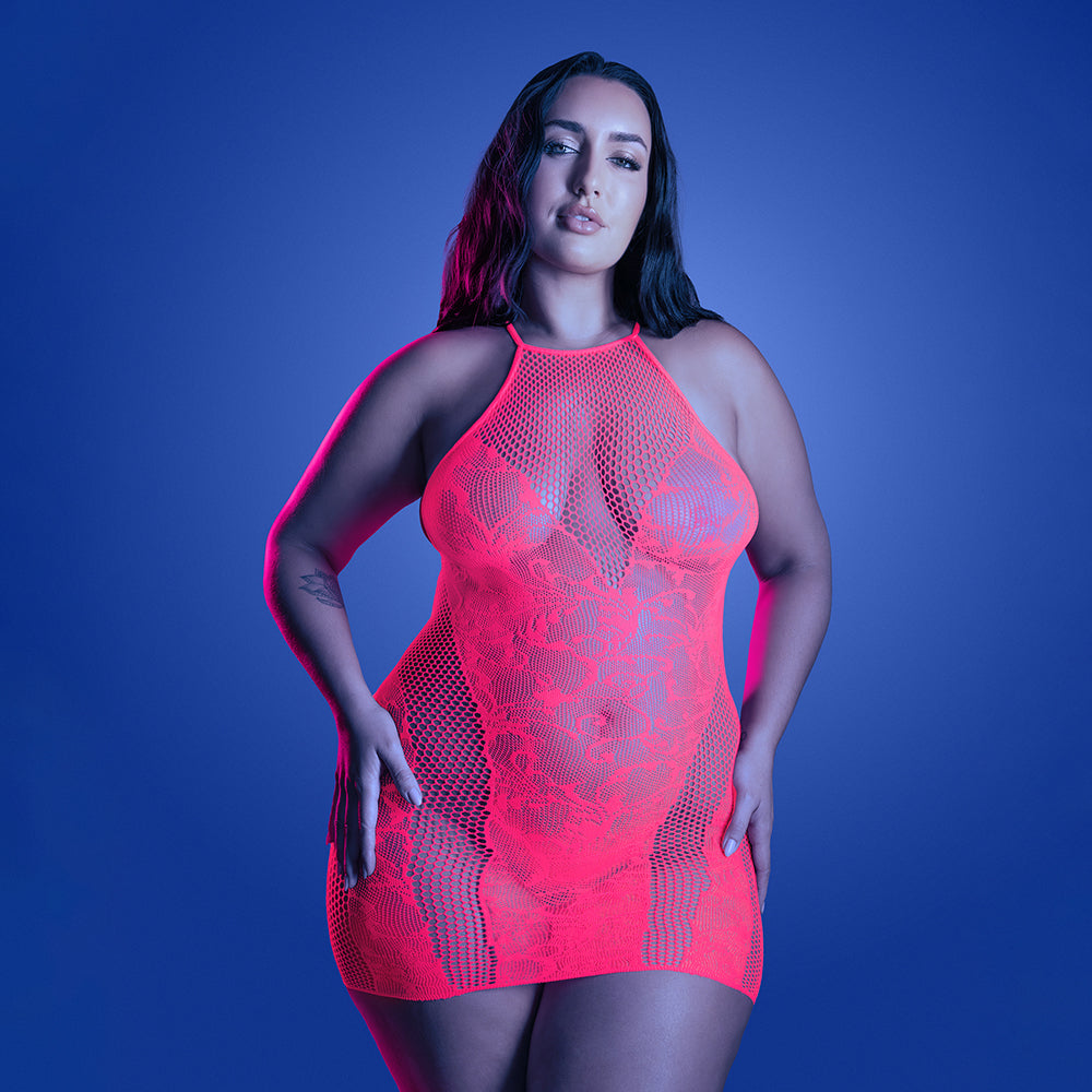 Back It Up Fishnet Halter Dress in Floral Knit - Neon Pink QN