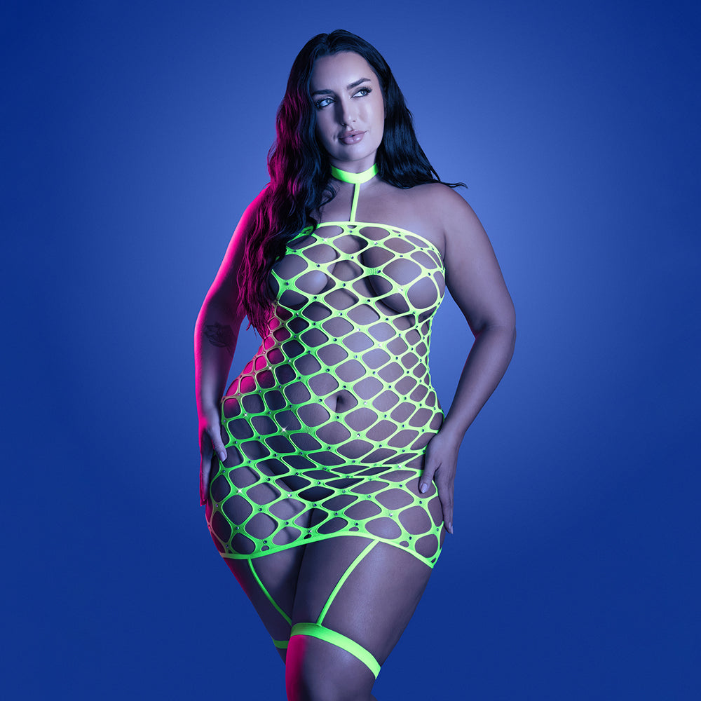 Warning Sign Gartered Fishnet Dress w/Rhinestone Detail - Neon Green QN