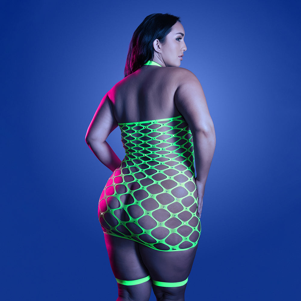 Warning Sign Gartered Fishnet Dress w/Rhinestone Detail - Neon Green QN