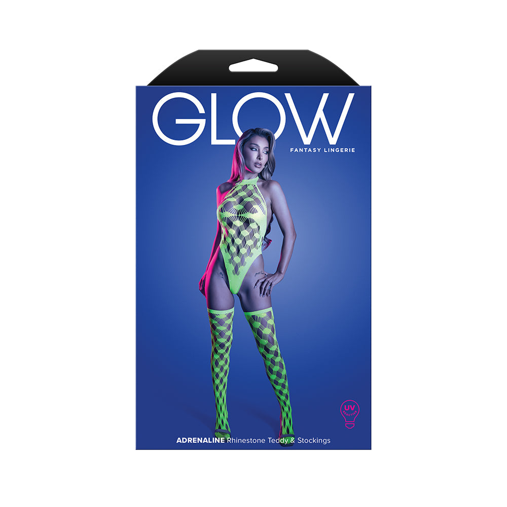 Adrenaline Halter Teddy & Stockings in Geometric Rhinestone Diamond Fishnet - Neon Green O/S