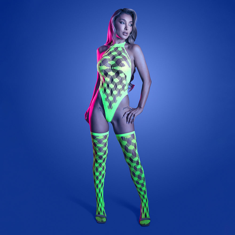 Adrenaline Halter Teddy & Stockings in Geometric Rhinestone Diamond Fishnet - Neon Green O/S