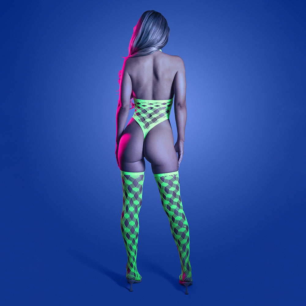 Adrenaline Halter Teddy & Stockings in Geometric Rhinestone Diamond Fishnet - Neon Green O/S