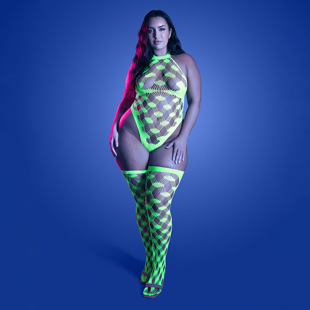 Adrenaline Halter Teddy & Stockings in Geometric Rhinestone Diamond Fishnet - Neon Green QN