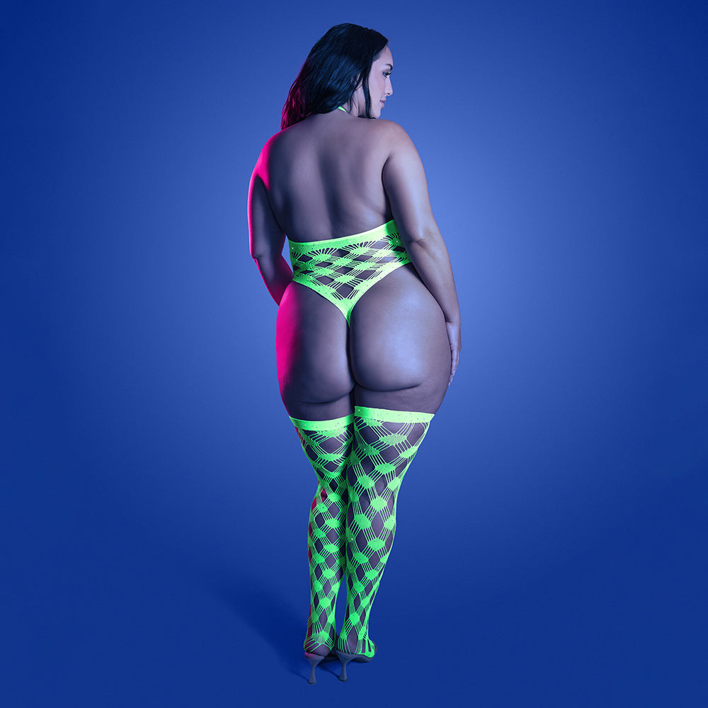 Adrenaline Halter Teddy & Stockings in Geometric Rhinestone Diamond Fishnet - Neon Green QN