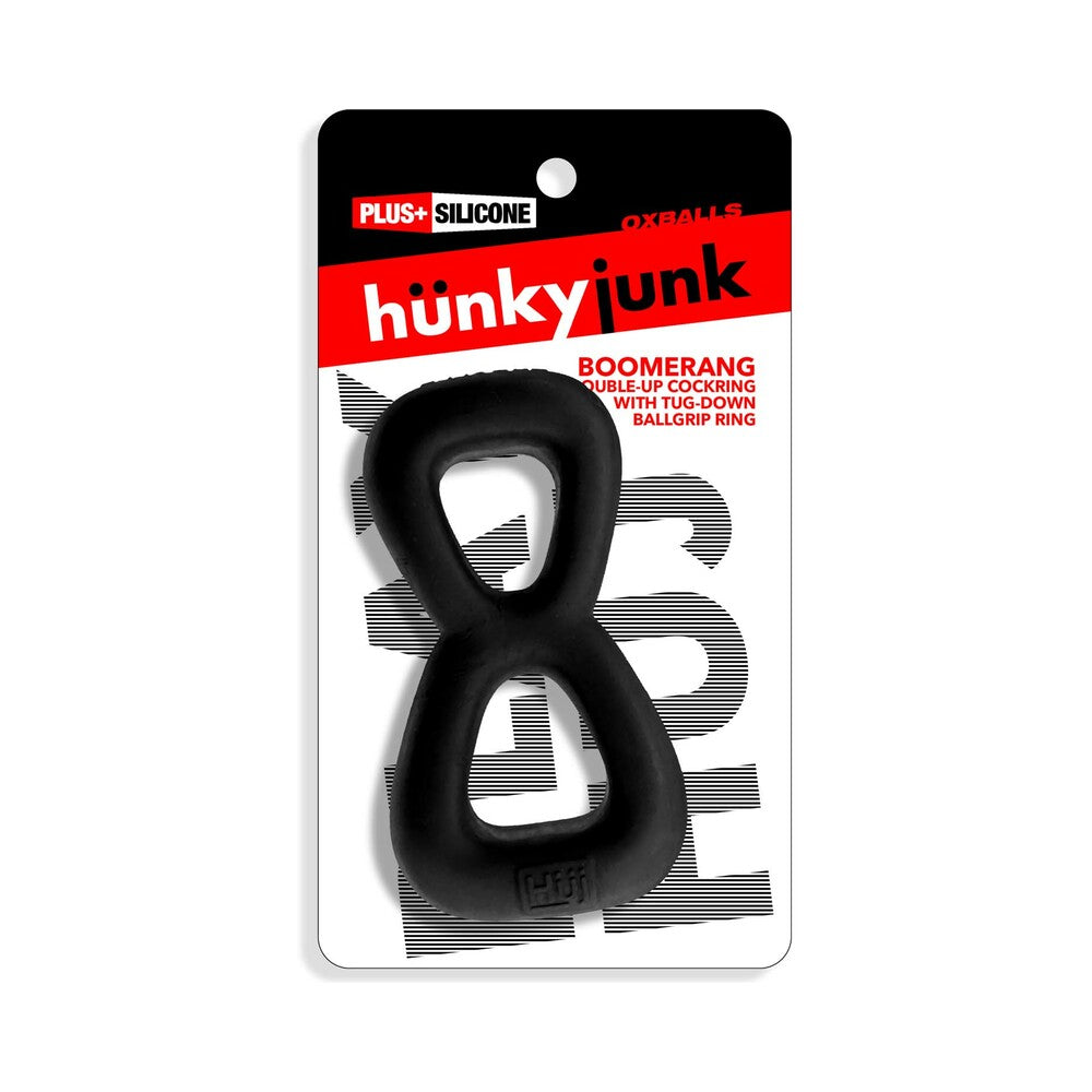 Hunky Junk Boomerang Double Ring Cockring & Nut-Tugger - Black Fog