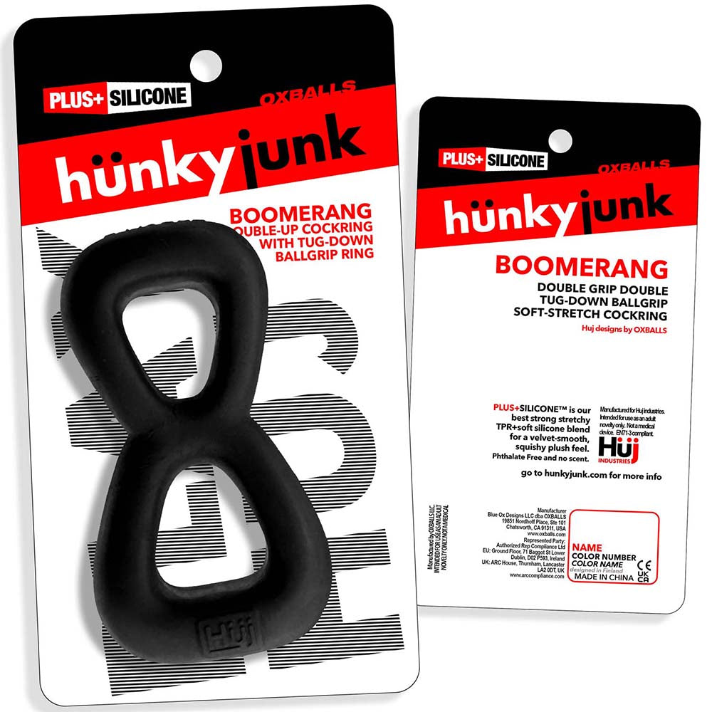 Hunky Junk Boomerang Double Ring Cockring & Nut-Tugger - Black Fog