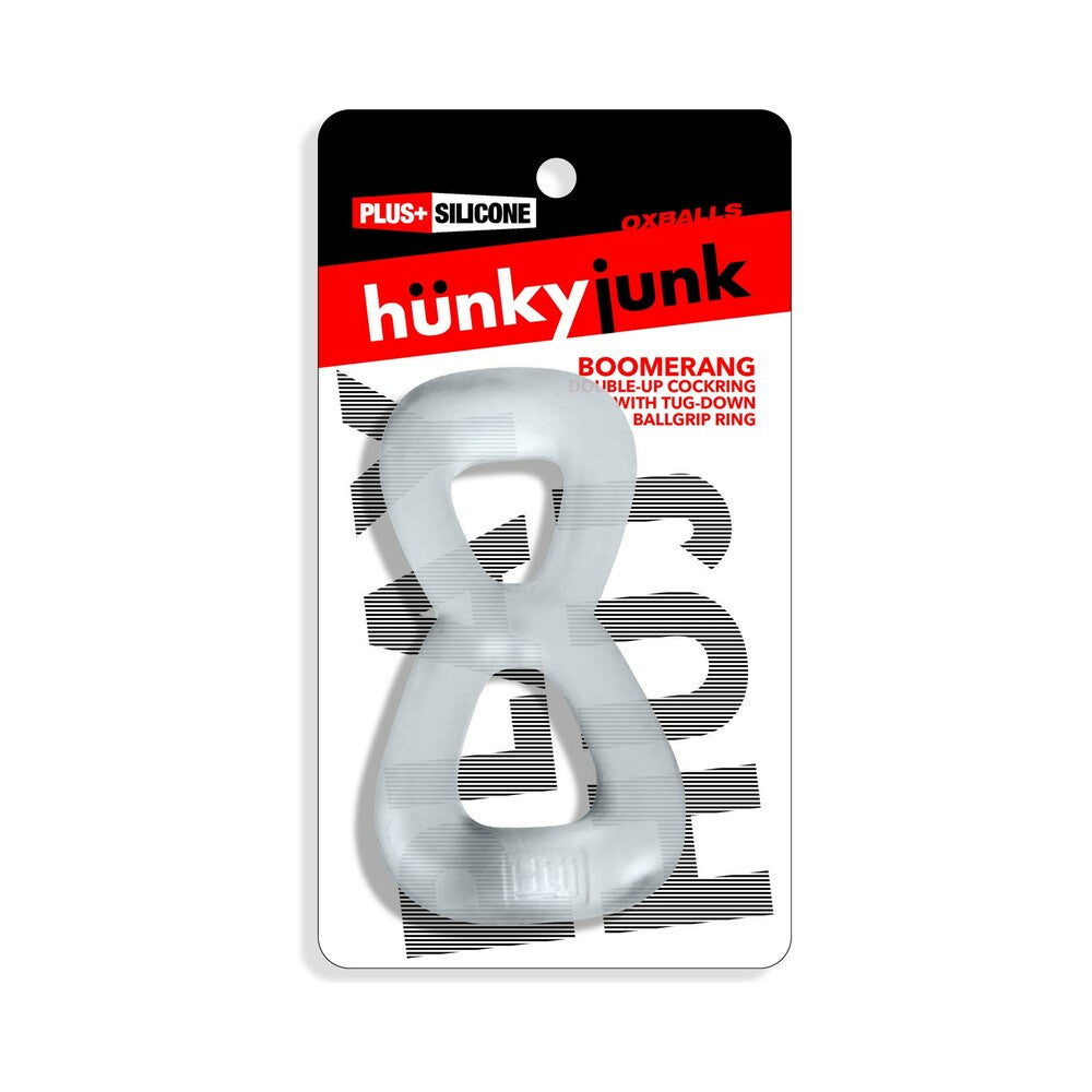 Hunky Junk Boomerang Double Ring Cockring & Nut-Tugger - Clear Steam