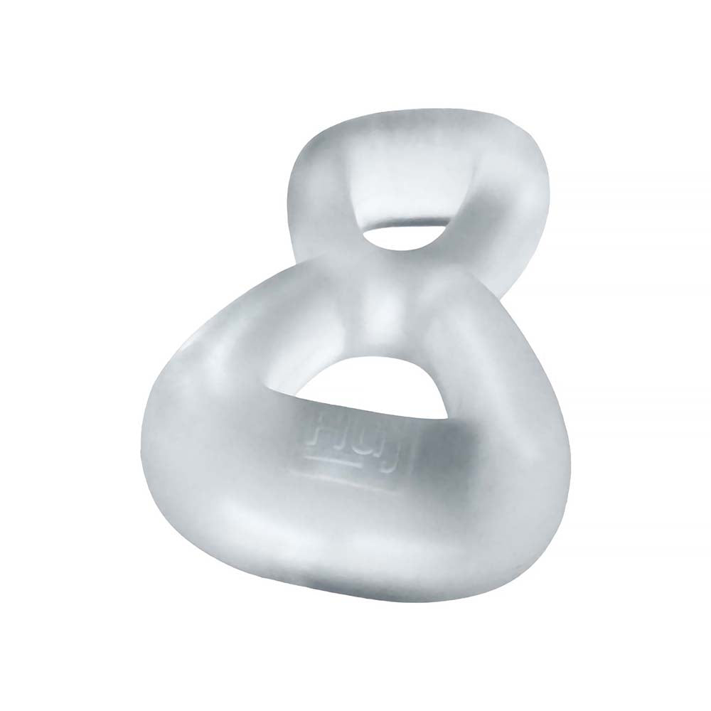 Hunky Junk Boomerang Double Ring Cockring & Nut-Tugger - Clear Steam