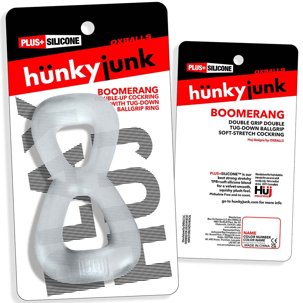 Hunky Junk Boomerang Double Ring Cockring & Nut-Tugger - Clear Steam