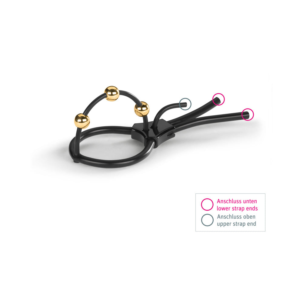 Mystim Pearly Pete Corona Strap w/Gold Balls - Black