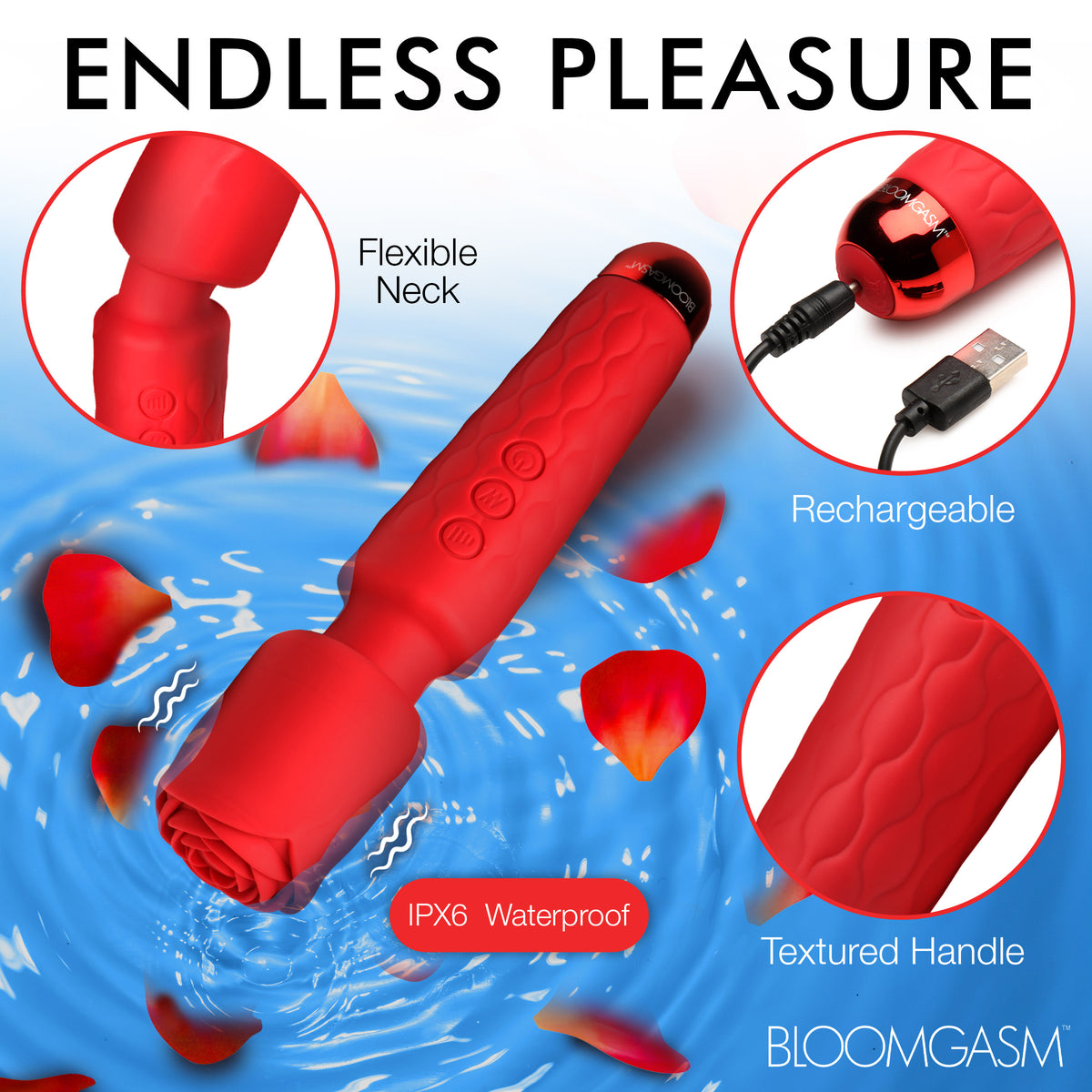 Bloomgasm Pleasure Rose 10x Silicone Wand with Rose Attachment