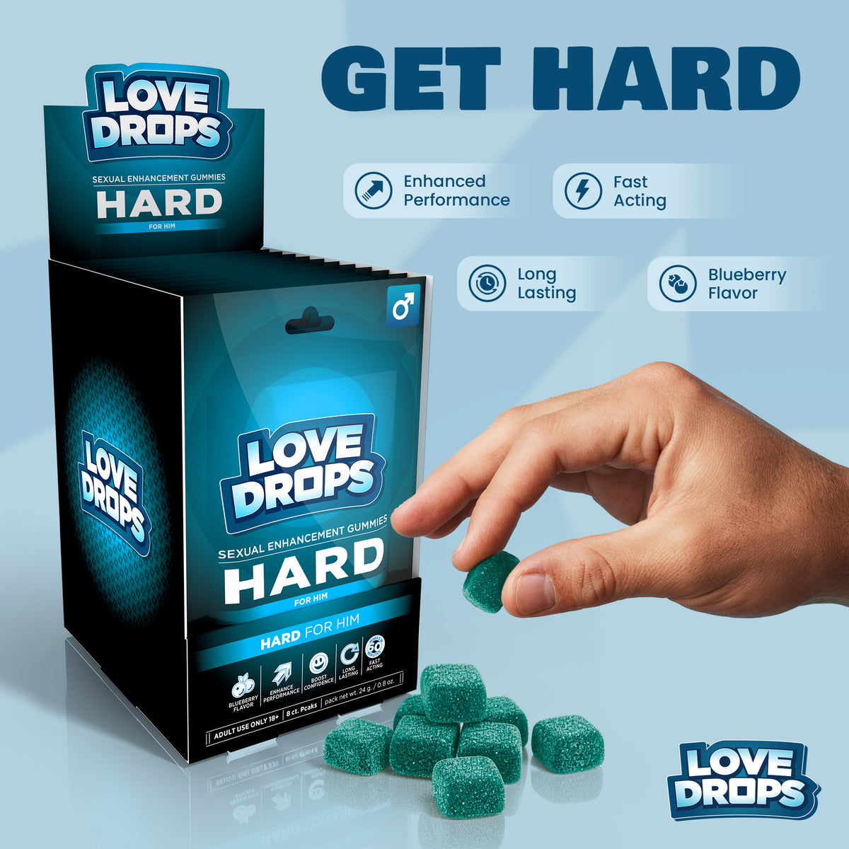 Love Drops Sexual Enhancement Hard Gummies For Him Display of 12